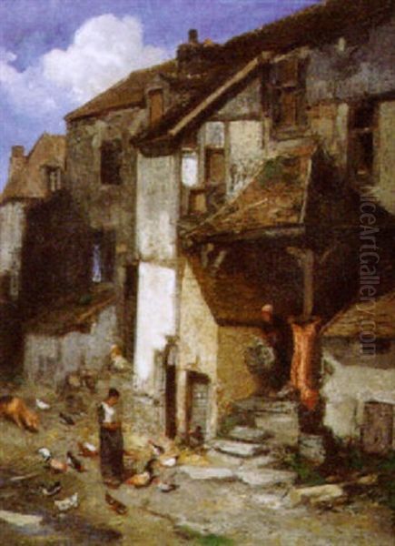 French Village Oil Painting by Louis Adolphe Hervier