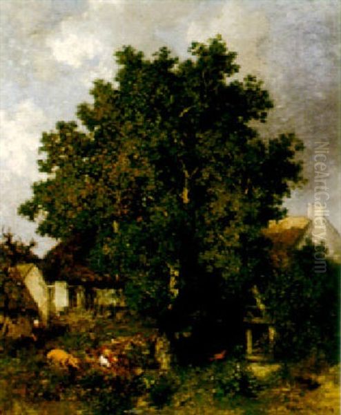 Farmyard Oil Painting by Louis Adolphe Hervier