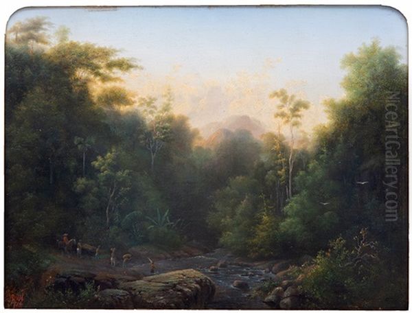 Tropical Forest Landscape On Java With Travellers Passing A River Oil Painting by Jacob Dirk Van Herwerden