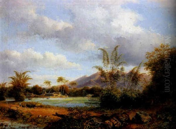 An Indonesian Sawah Landscape With A Kampong And A Cow Herd In The Foreground Oil Painting by Jacob Dirk Van Herwerden