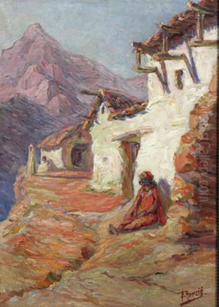 Gebirgslandschaft, Wohl In Algerien (kabylei), Im Vordergrund Bauernhaus Mit Rastender Frau by Edouard Herzig