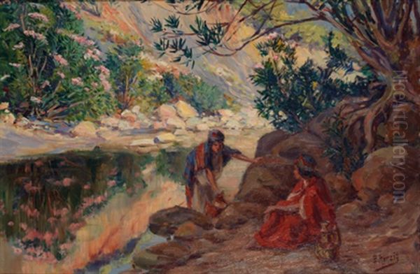 Jeunes Filles Au Bord De L'oued Oil Painting by Edouard Herzig