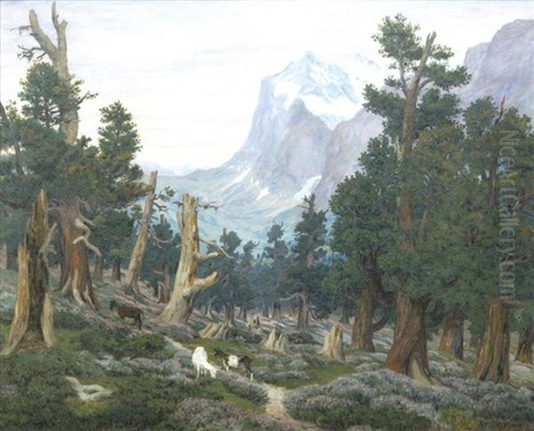 Paysage Alpin Avec Chevres Oil Painting by Gottfried Herzig