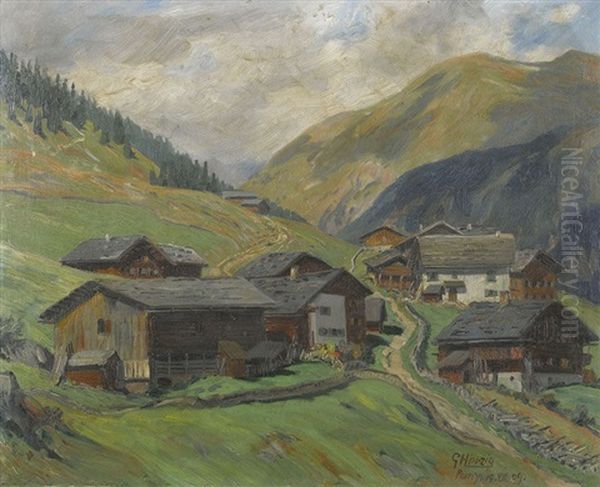 Blick Auf Das Dorf Pany In Graubunden Oil Painting by Gottfried Herzig