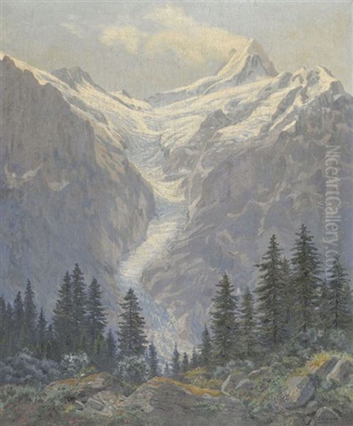 Schreckhorn Und Der Obere Grindelwaldgletscher Oil Painting by Gottfried Herzig