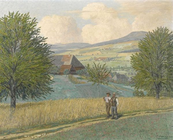 Bauern Auf Dem Feldweg Mit Geschulterten Sensen Oil Painting by Gottfried Herzig