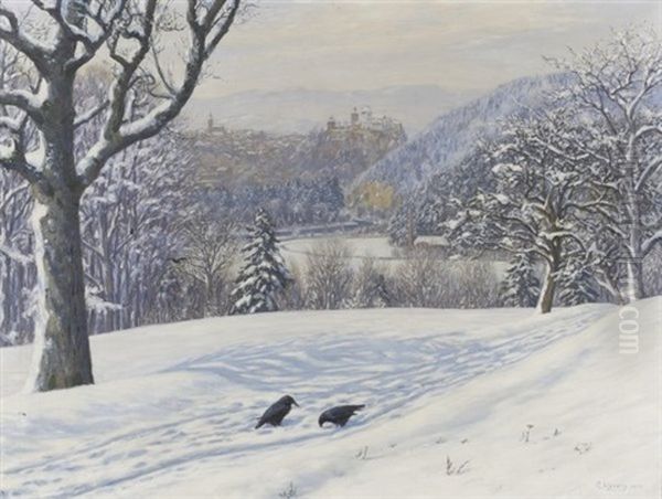 Winterlandschaft Bei Burgdorf. Blick Von Sudosten Auf Burgdorf Mit Kirche Und Schloss, Rechts Der Binzberg Oil Painting by Gottfried Herzig