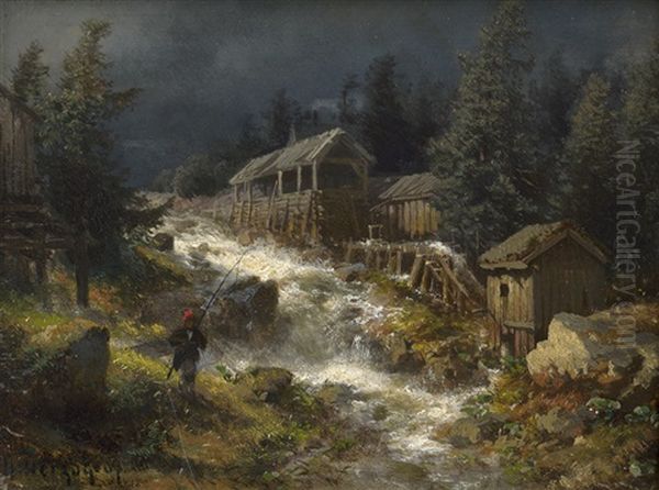 Wildbach Mit Alten Muhlhausern Oil Painting by Hermann Herzog