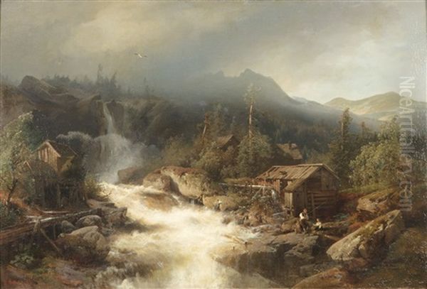 River Landscape Oil Painting by Hermann Herzog