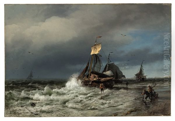 Securing The Anchor Oil Painting by Hermann Herzog