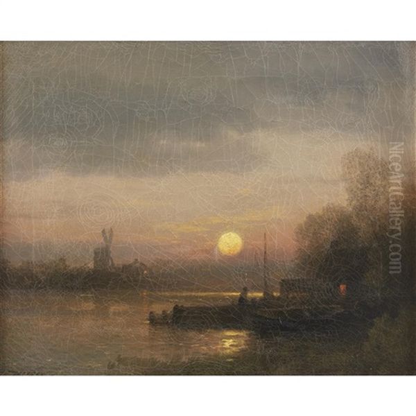 Sunset On A Holland Canal Oil Painting by Hermann Herzog