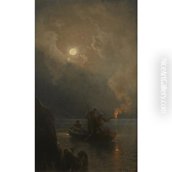 Fishing For Salmon By Moonlight Oil Painting by Hermann Herzog