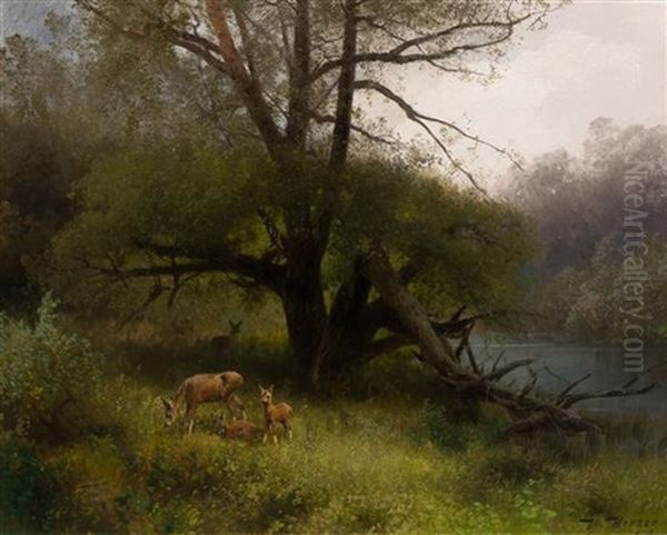 Deer Family Oil Painting by Hermann Herzog