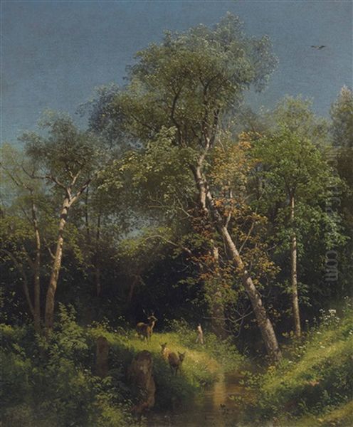 Deer In The Wild Woods Oil Painting by Hermann Herzog