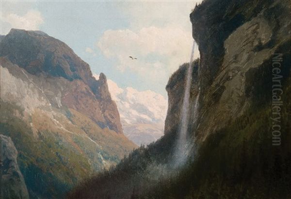 Mountain Top Waterfall Oil Painting by Hermann Herzog