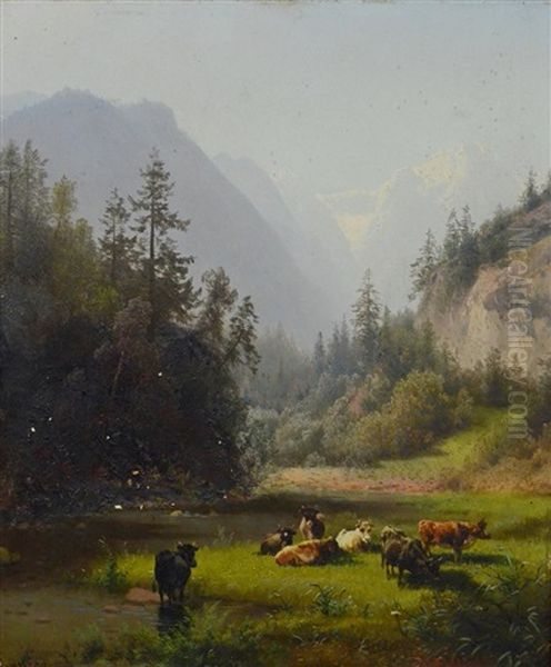 Pastoral Landscape Painting With Cattle Oil Painting by Hermann Herzog