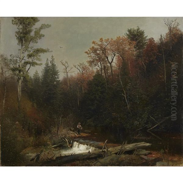 Traveller By A Woodland Stream Oil Painting by Hermann Herzog