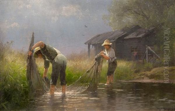 Fishing For Minnows Oil Painting by Hermann Herzog