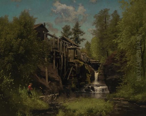 Fishing At The Falls Oil Painting by Hermann Herzog