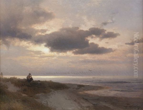 Beach At Sunset Oil Painting by Hermann Herzog