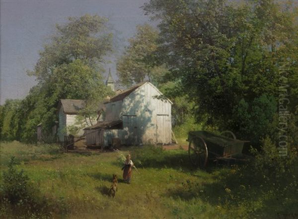 On The Farm Oil Painting by Hermann Herzog