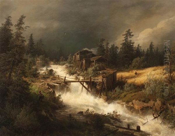 Watermill On A Roaring Mountain Stream Oil Painting by Hermann Herzog