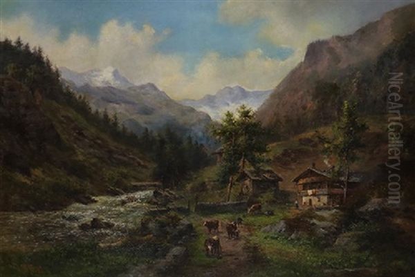 Mountain River Homestead With Figures And Cattle Oil Painting by Hermann Herzog