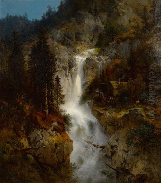 Waterfall With Mill Oil Painting by Hermann Herzog