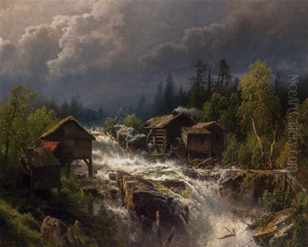 Squall Over The Old Mill Oil Painting by Hermann Herzog