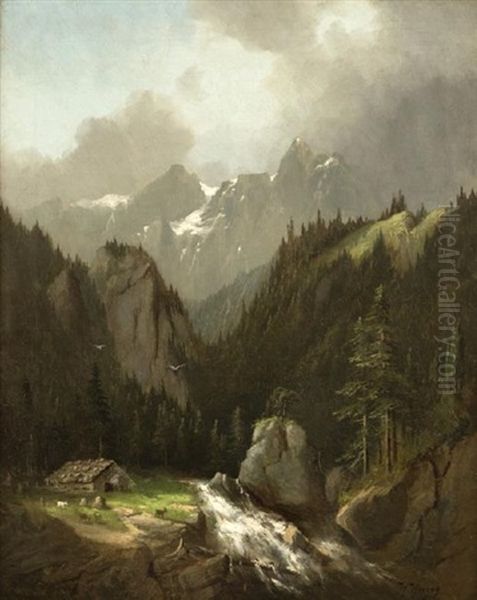 Cabin In A Mountain Landscape Oil Painting by Hermann Herzog