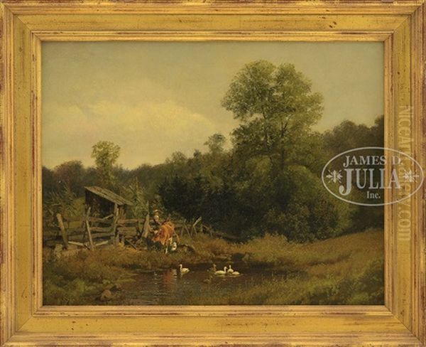 Figure And Cows In Landscape With Duck Pond Oil Painting by Hermann Herzog