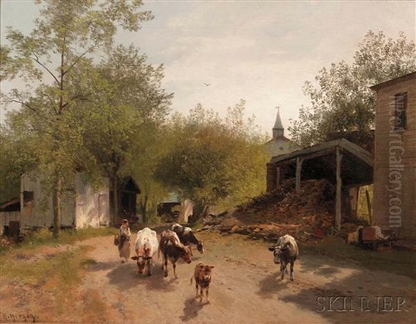 Early Morning On The Farm Oil Painting by Hermann Herzog