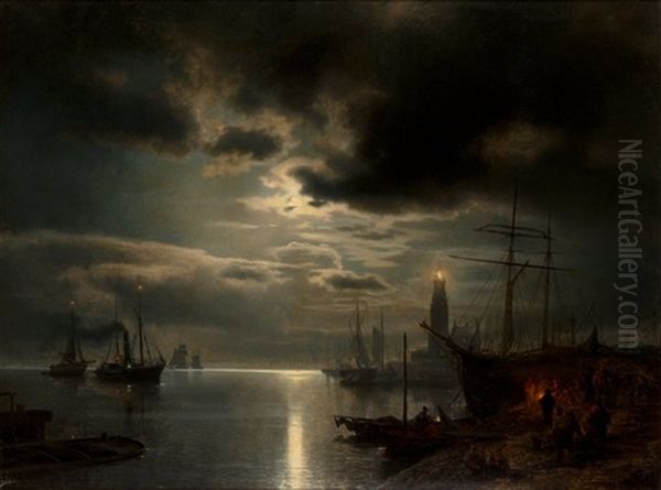 A Moonlit Harbor Oil Painting by Hermann Herzog