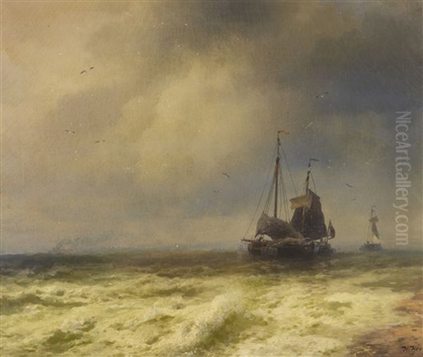 Two Ships By The Shoreline Oil Painting by Hermann Herzog