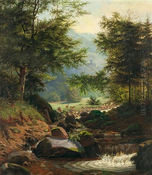 Deer By A Mountain Stream Oil Painting by Hermann Herzog