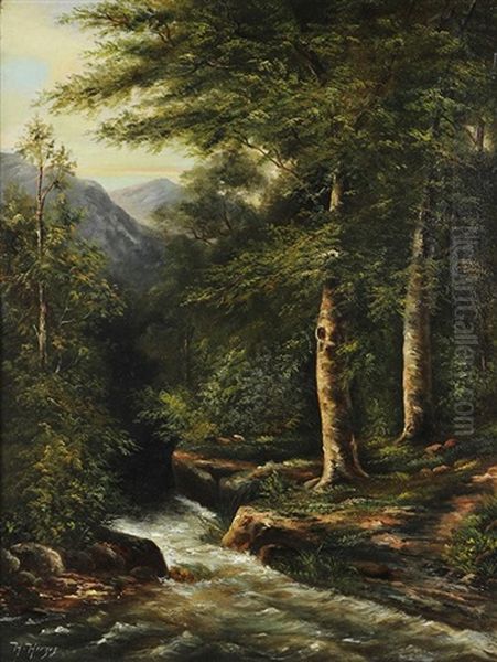 Woodland Stream Oil Painting by Hermann Herzog