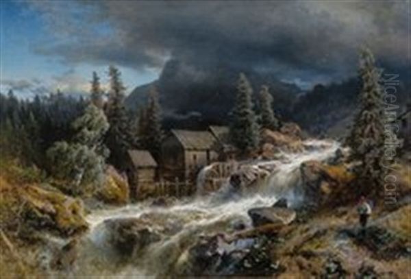 Norwegische Landschaft Mit Aufkommendem Gewitter Oil Painting by Hermann Herzog