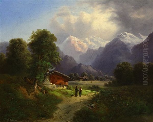 Mountain Vista With Figures Oil Painting by Hermann Herzog