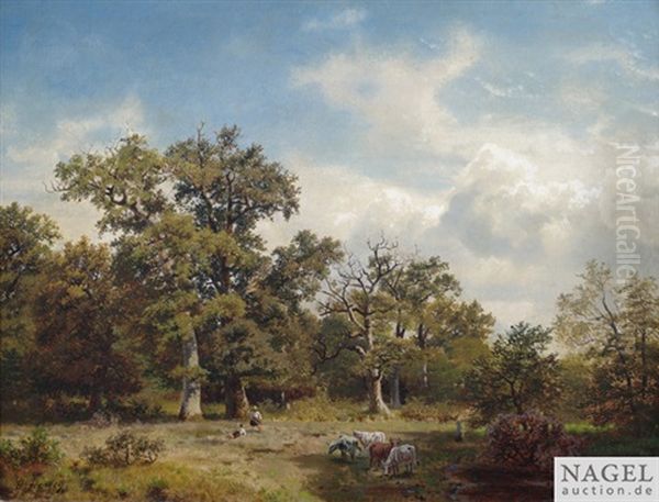 Bewaldete Landschaft Mit Kuhen Und Hirten Oil Painting by Hermann Herzog