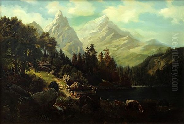 Mountain Vista With Homestead By A Lake Oil Painting by Hermann Herzog