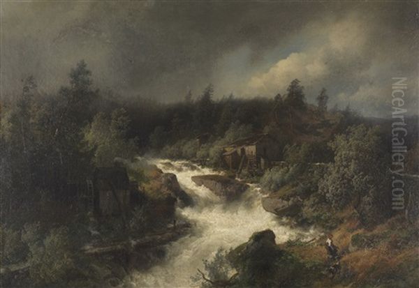 Wassermuhle Am Tosenden Gebirgsbach Oil Painting by Hermann Herzog