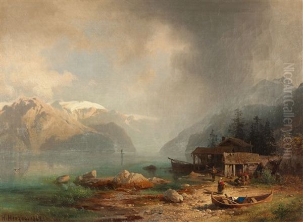 Fischer An Einem Gebirgssee Bei Aufziehendem Gewitter Oil Painting by Hermann Herzog