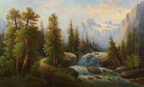 River Rapids Through The Mountain Forest Oil Painting by Hermann Herzog