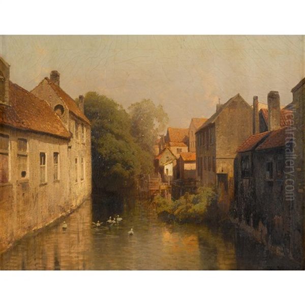 Town On A Canal Oil Painting by Hermann Herzog