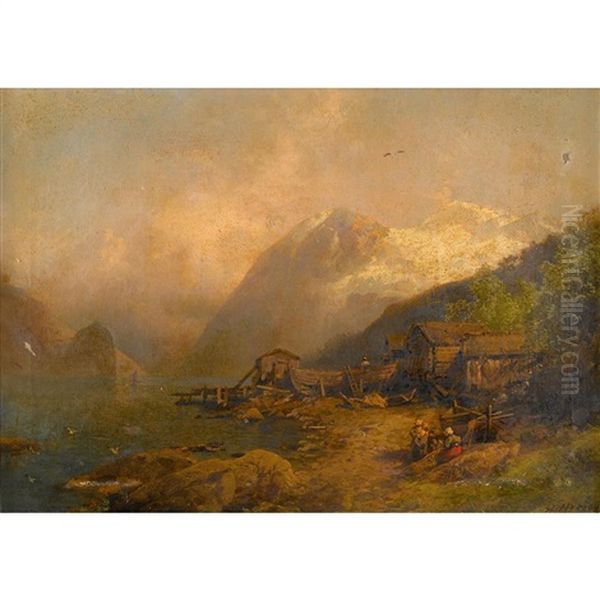 Alpine Valley With Figures And Chalets Oil Painting by Hermann Herzog