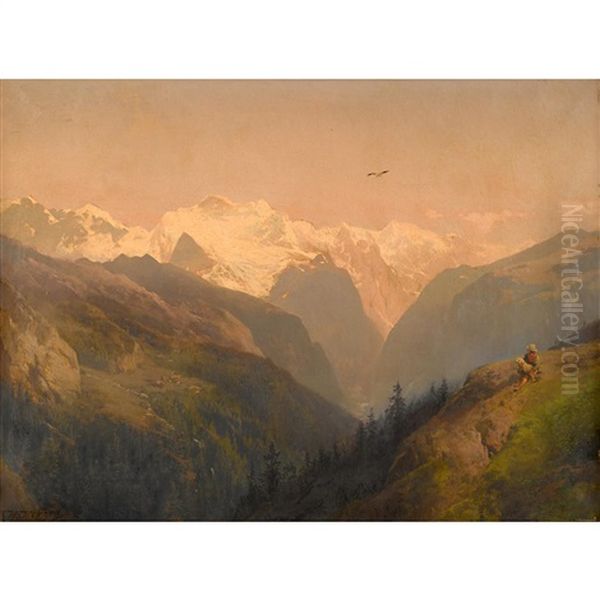 Alpine Landscape With Boy, Dog, And Eagle Oil Painting by Hermann Herzog