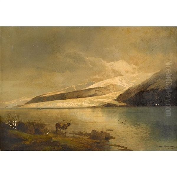 Moose In A Glacial Landscape Oil Painting by Hermann Herzog