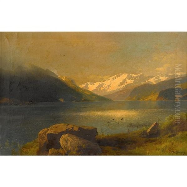 Glacial Lake With Flying Geese Oil Painting by Hermann Herzog