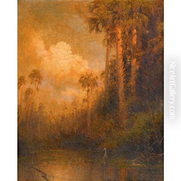 River Landscape With Palm Trees Oil Painting by Hermann Herzog