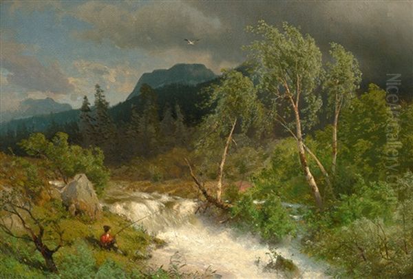 Alpenlandschaft Mit Angler Bei Einem Tosenden Gebirgsbach Oil Painting by Hermann Herzog